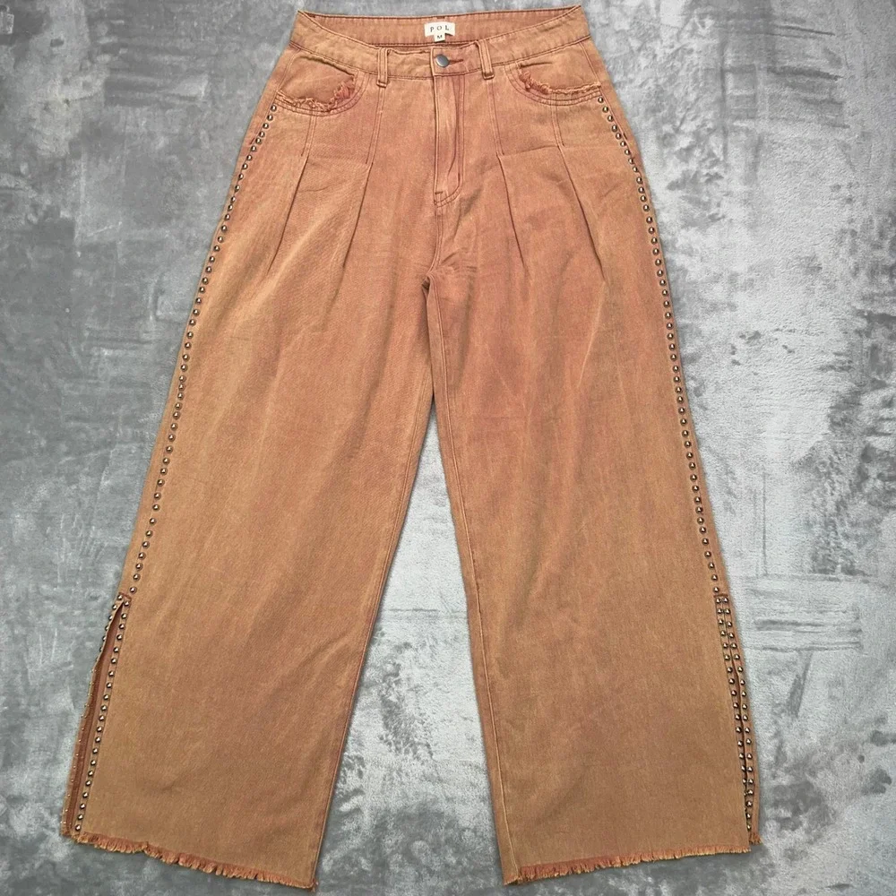 POL Wide Leg Pants Womens Medium Rust Gold Studded Split Hem Raw Edge Boho Jeans